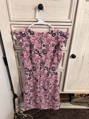 LOFT Pink Floral Midi Dress with Flutter Sleeves